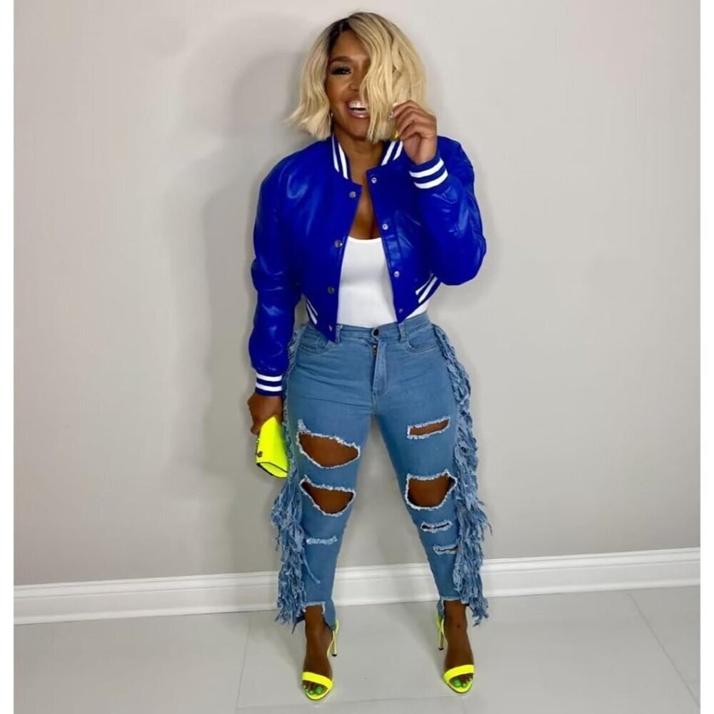 Women Blue Varsity Long Sleeve Button Down Bomber Casual Baseball Jacket - Picture 2 of 5